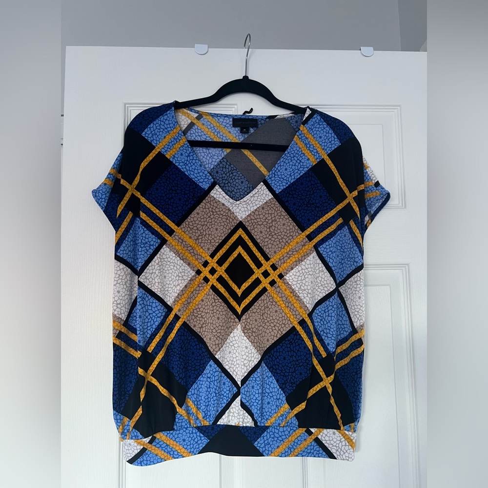 Worthington Blue and Yellow Geometric V-Neck Blouse